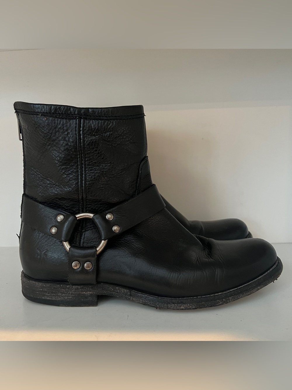 Frye Phillip Harness Ankle Boots Black Leather Back Zip Moto Women's Size 7.5